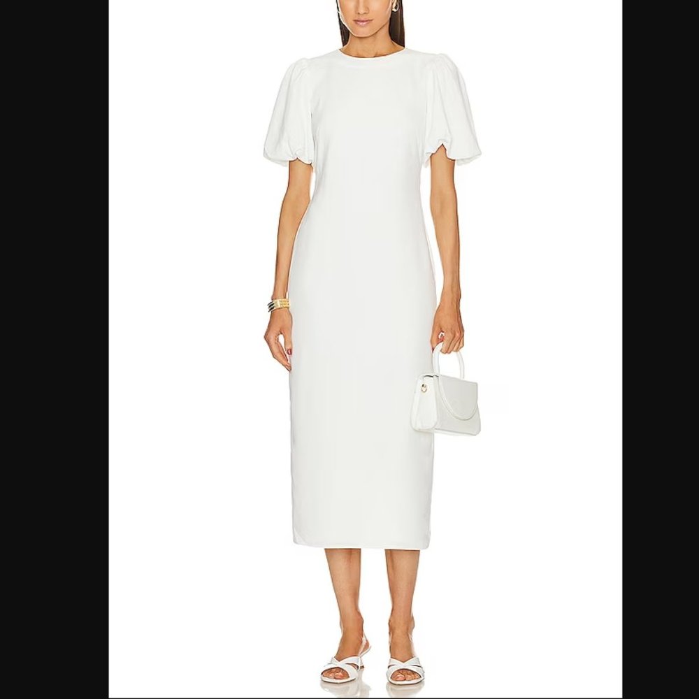 Laissa Midi Dress in White by L'Academie via Revolve